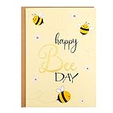 CHRIZ.Z Birthday Card - Single Happy Bee Day Birthday Greeting Card For Bee Themed Party - Gold Foil Bees and Lettering on Yellow Textured Paper with Kraft Envelope - 5' x 7' - Blank Inside