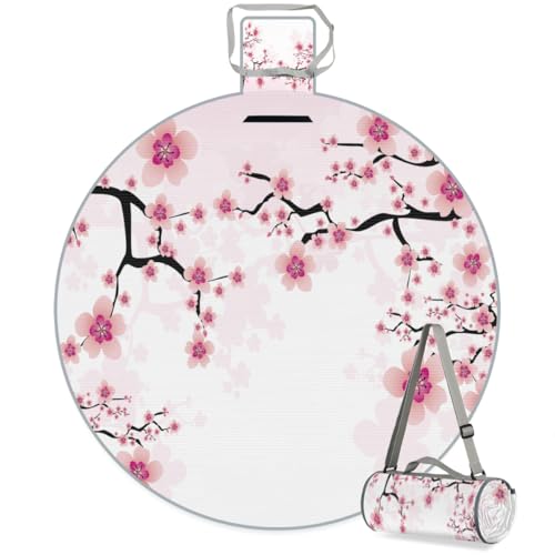 Shimoshe Flowering Cherry Blossoms Picnic Outdoor Blanket Foldable Waterproof Sandproof Beach Blanket Portable Water-Resistant Round Picnic Mat for Travel Camping Park Lawn