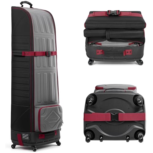 Image of Golf Travel Bag Foldable, 1680D Oxford Fabric Padded Protect Golf Clubs | Molded Storage Pocket Durable Hard Base with 6 Wheels Travel Golf Case for Airlines Easy to Maneuver