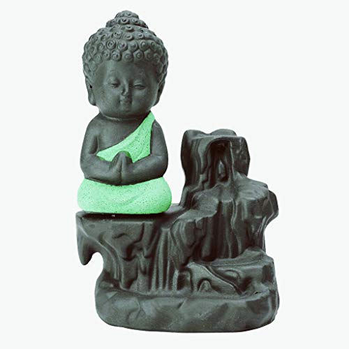 Image of CRAFTAM Meditating Monk Buddha Smoke Backflow Fountain Cone Incense Holder Decorative Showpiece with Free 10 Smoke Backflow Scented Cone Incense (Green)