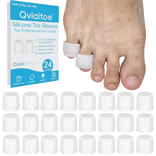 Qvlaitoe Silicone Toe Sleeves, 24 Count Pinky Toe Protector for Pain Relief, Gel Toe Covers for Blisters, Corn, Bunion, Hammer Toes, Overlapping Toes, Toenails Loss (White)