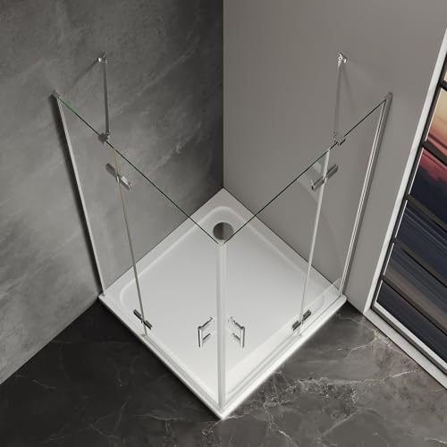 IMPTS Duschkabine 90x90 CM Eckeinstieg Falttür Duschtüren mit Diagonalen Sicherheitsstange Eckig Dusche Duschwand Duschabtrennung mit 6mm ESG Glas Doppel Falttüren, Höhe 195cm