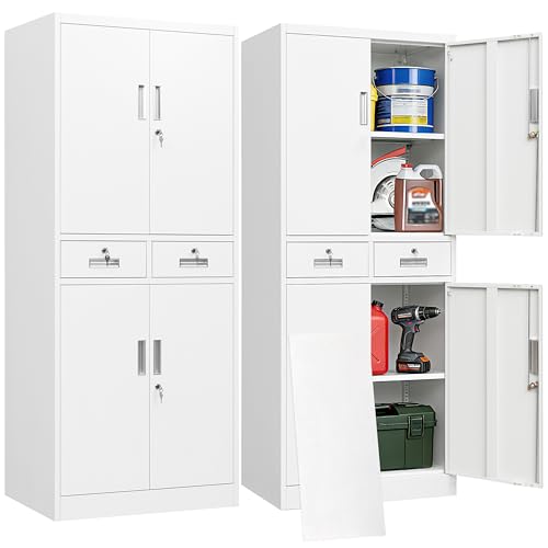 BESFUR Metal Garage Storage Cabinet with Two Drawers Locking Doors and 2 Adjustable Shelves, White Tall Storage Cabinets, Tool File Lockable Cabinet for Garage Office Warehouse Shop(71”H)