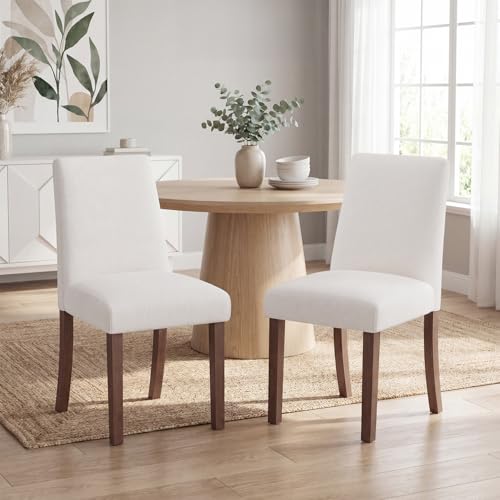 Image of Upholstered Dining Chairs Set of 2, Mid-Century Dining Room Chairs with Wooden Legs, Farmhouse Fabric Parsons Chairs for Small Space Restaurant & Cafe- Light Beige