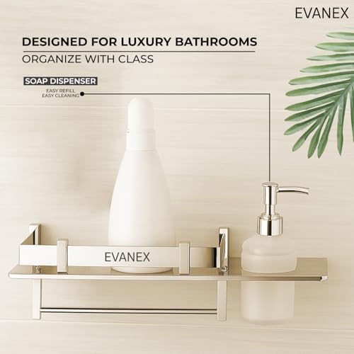 Image of EVANEX Bathroom Shelf | 5x15 Inch 304 Stainless Steel Wall Mount Bathroom Organizer with Towel Hanger, Liquid Soap & Shampoo Dispenser Holder | 3 in 1 Multipurpose Bathroom Rack
