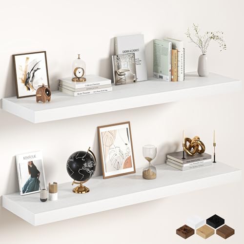 Image of White Floating Shelves 55Inch Long, 12 Inch Deep Floating Shelves for Wall, 55 x 12 Large Floating Shelf for Fireplace Mantel, 2 inch Thicked Rustic Wall Shelves for Living Room, Bedroom Storage, 2 Packs