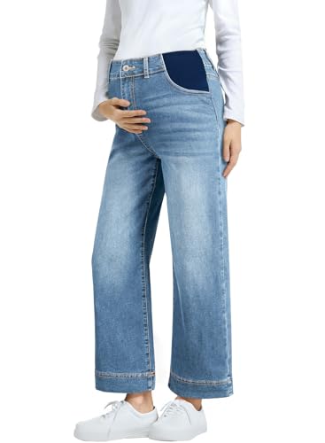 BLENCOT Women's Maternity Baggy Jeans Stretchy Wide Leg Jeans Side Panel Loose Pregnancy Denim Pants with Pockets Beau Blue XL