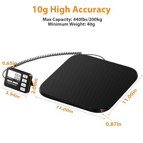 GRAM PRES Versandwaage 440 lbs/10g Hochpräzise, digitale Postwaage mit Hold/Tare/Pcs, mit LCD-Display für Pakete/Gepäck/Postamt/Hund, inkl. Batterie & USB-Kabel