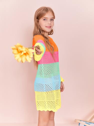 Image of Batermoon Girls Crochet Long Sleeve Swimsuit Cover Up Kids Fashion Hollow Out Swimwear Beach Dress 5-14 Years