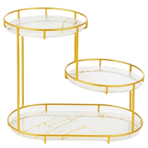 Image of 2-Tier Bathroom Countertop Organizer, Gold Metal Vanity Storage Shelf with Trays, Makeup & Skincare Organizer for Bathroom, Bedroom & Dressing Table (White)