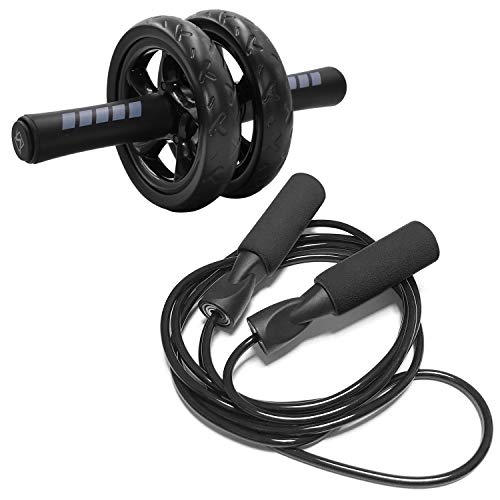 なわとび トレーニング用 腹筋ローラー 2点セット 超静音 長さ調節可 FC1801 (ブラック- 縄跳び&腹筋ローラー)