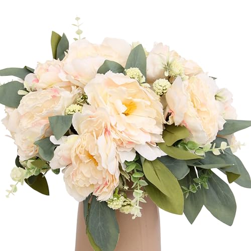 KP HOME Mazzo di Peonie Artificiali in Seta Tocco Reale - Fiori Finti Per Decorazioni con 12 Capolini Crema, Steli H 40 cm - Composizione per Interni ed Esterni, Tavola, Matrimoni, Eventi o Cimitero