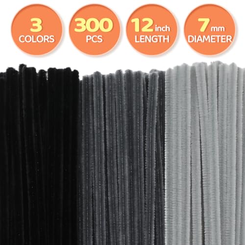 GAGANIU 300pcs Craft Pipe Cleaners, Black Gradient Chenille Stems in 3 Shades for Crafts – 12 Inch Craft Supplies for DIY Projects, Art Activities, Decorations & More - Image 2