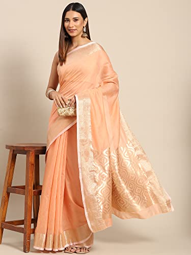 Image of AKHILAM Women's Floral Linen Blend Woven Design Saree With Unstitched Blouse Piece (Peach AA02SDZ6103)