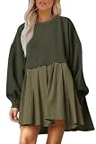 Dokuritu Sweatshirt Dress Women Crew Neck Long Sleeve Patchwork Pullover Tops Flowy Oversized Sweatshirt Mini Dress Army Green