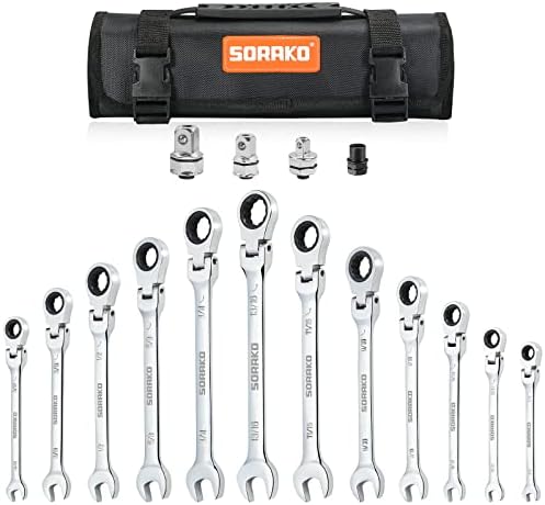 SORAKO Ratcheting Wrench Set Flex Head, 16 Piece SAE Combination Ratchet Wrench kit, 1/4″ - 13/16″ Chrome Vanadium Steel Wrenches with Bit Socket Wrench Adapter&Roll Pouch