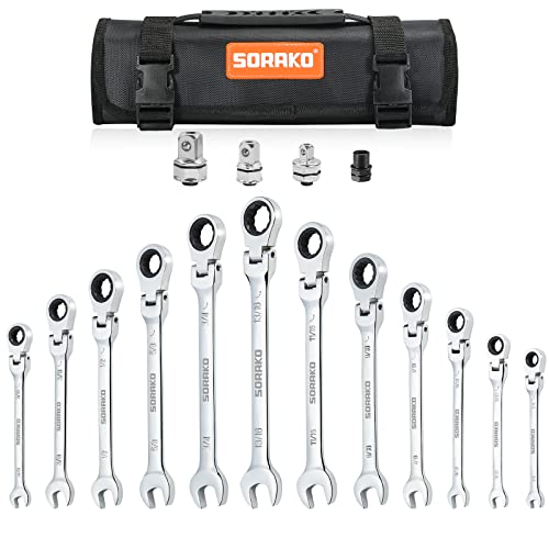 SORAKO Ratschenschlüssel-Set, Flexkopf, 16-teiliges SAE-Ratschen-Ringmaulschlüssel-Set mit Bit-Steckschlüssel-Adapter, 1/4 Zoll - 13/16 Zoll Chrom-Vanadium-Stahlschlüssel mit Rolltasche Cover