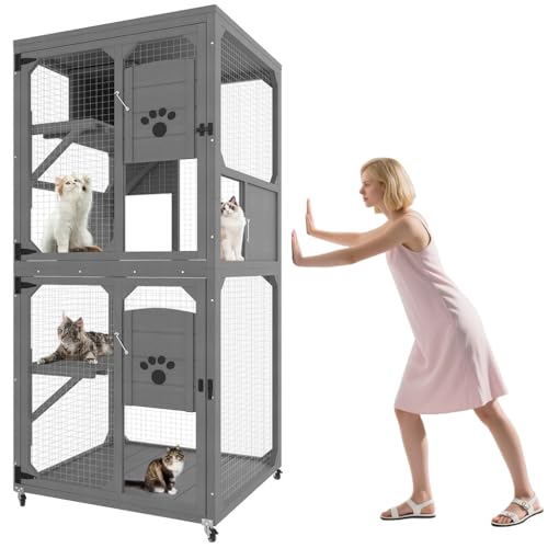Large Wooden Outdoor Cat Catio with Wheels and Platforms