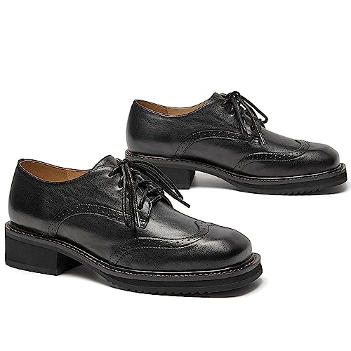 Image of BEAU TODAY Oxford Shoes for Women,Leather Brogue Dress Shoes,Comfort Brethable Ladies Lace-up Handmade Wingtip Shoes for Business Work