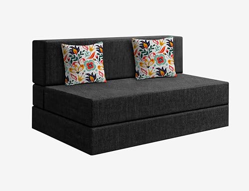 Image of Los Angeles Foldable Two Seater Sofa Cum Bed, Sofa Bed 4 X 6 Feet Jute Fabric Washable Cover- Including Cushion Perfect for Living Room - Black Color