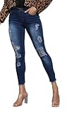 Women High Waist Skinny Stretch Ripped Jeans Cropped Knee Destroyed Denim Pants Dark Blue…