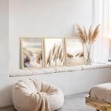 3 sztuki w stylu boho, trawa pampasowa, trzcina, obraz na płótnie, z ramą, natura, plaża, bałtycki krajobraz morski, obraz, obrazy ścienne do salonu, sypialni, łazienki, dekoracja ścienna, 40 x 60 cm