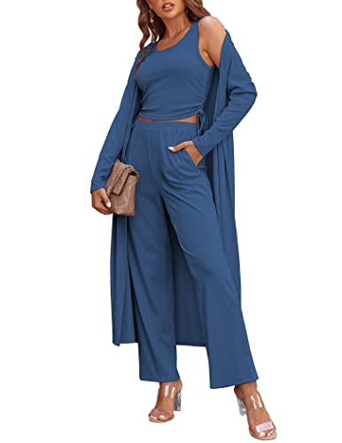 Ekouaer Women's 3 Piece Lounge Set Pajama Long Sleeve Cardigan Sleeveless Top Pants SweatsuitCadet BlueMedium