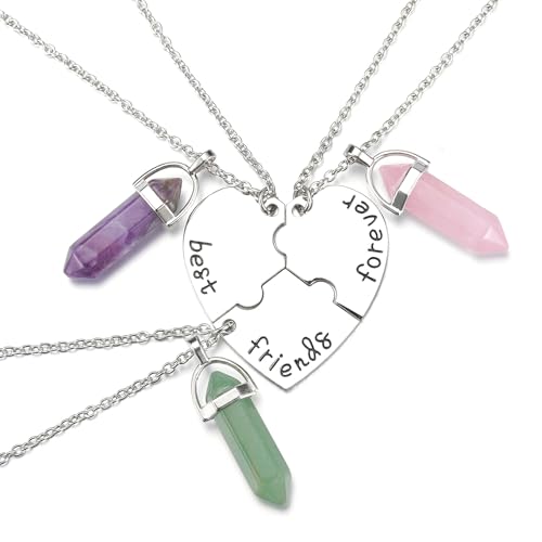 GEHECRST BFF Necklace for 3 Best Friend Matching Heart Friendship Healing Crystal Pendant Necklace Friendship Jewellery Gifts