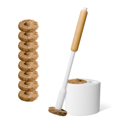 Image of TUSHY Toilet Brush 2.0 Set with Holder, 8 Coconut Husk Scrubbing Pads | Cleanser-Infused and Disposable, Planet Friendly Refills in Lemon and Tea Tree Scents