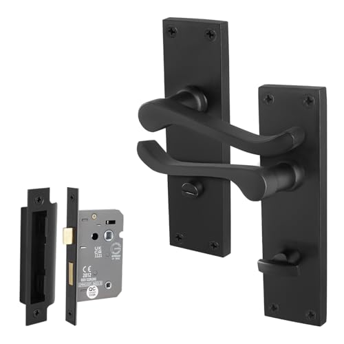 EAI Black Victorian Scroll Bathroom Handle Set 1 Pair of Matt Black Internal Lever Door Handles on Backplate and Lock (64mm)