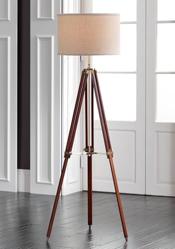 Possini Euro Design Surveyor Modern Industrial 57 1/2" Tall Tripod Floor Lamp with Smart Socket Cherry Wood Brass Adjustable Beige Linen Drum Shade for Cottage Core Living Room Family Bedroom Office