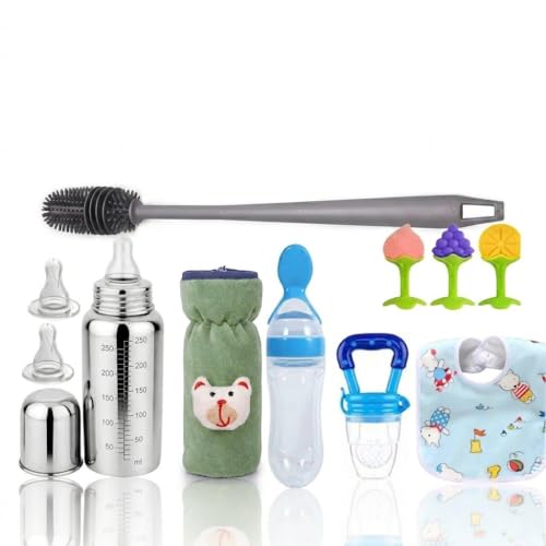 Image of Y.GOYAL&CO. Stainless Steel Baby Feeding Bottle 250ml with Silicone Nipples and Cleaning Brush, BPA Free, Anti Colic Valve, Wide Neck for Newborns Babies, Infants, and Toddlers (PK-8-GRY)