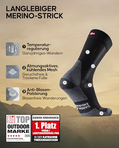 Foto von DANISH ENDURANCE Merino Wandersocken, 1, 3 & 5 Paar, Schwarz/Grau, 39-42