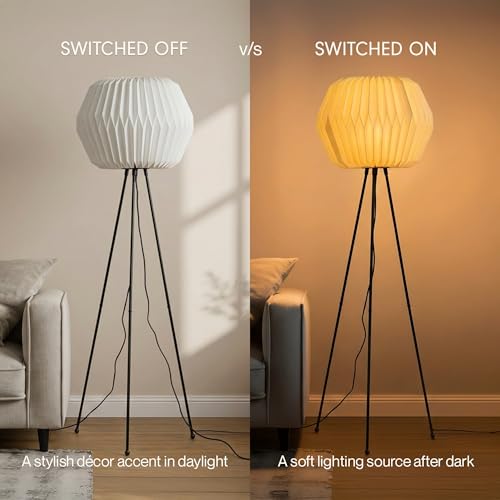 Image of FIG Living Lifo Paper Floor Lamp for Living Room Decoration, Bedroom & Home Decor | 120 cm Tall Lamp | Origami-Inspired Lampshade | Knock-Down Tripod Stand (Bulb not Included)