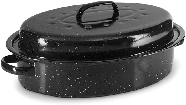 Granite Roasting Pan with Lid, Oval Enamel Roaster, Handles | Medium oven-safe baking pan for turkey, ribs, ham, brisket