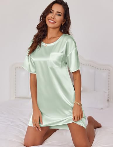 Image of Ekouaer Silky Satin Sleep Shirts for Women Nightshirt Tshirt Night Gowns | Short Sleeve Pajama Dress Round Neck Shirt Dress With Chest Pocket Cooling Nightgowns Lightweight Sleepwear