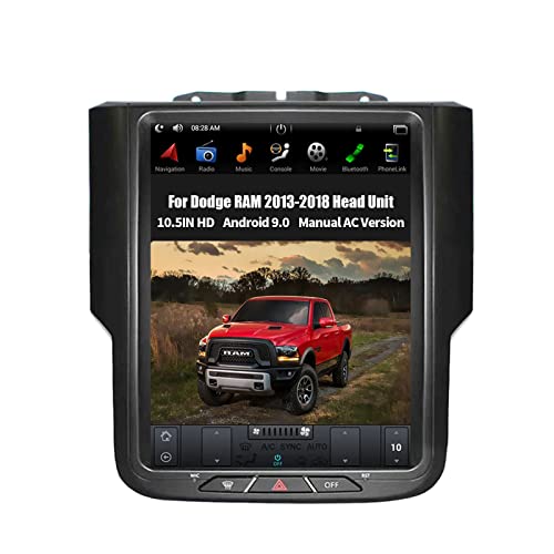 Aucar Android 9.0 10.5″ T-Style Car Radio Head Unit for Dodge RAM 1500 2500 2013-2018, 1080P Touch Screen 4G+64G GPS Navigation Wireless Carplay Multimedia Car Video Stereo Player (Manual AC Version)
