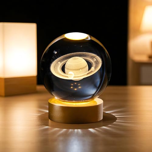 AMFUN 3D Luz Nocturna con Bola de Cristal, Saturno Curativas Naturales, Lámpara de Bola LED con Base de Madera, para Ideas de Decoración de Oficina en Casa de Estilo Moderno