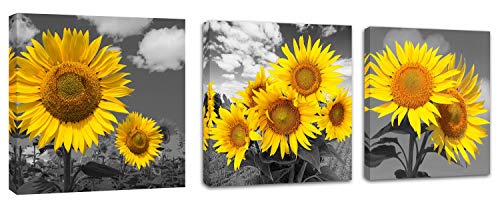 Yatehui Sunflower Wall Art Yellow Flowers Canvas Prints 3 Pieces Home Decor Modern Black And White Floral Pictures For Bathroom Ready To Hang 12 X 12 Inches #TOP4