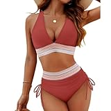 Sunny Salty Bikini Set, Tummy Control High Waisted Color Block, NewV-Neck Patchwork Bikini 2-Piece Set for Women (Brick red,X-Large)