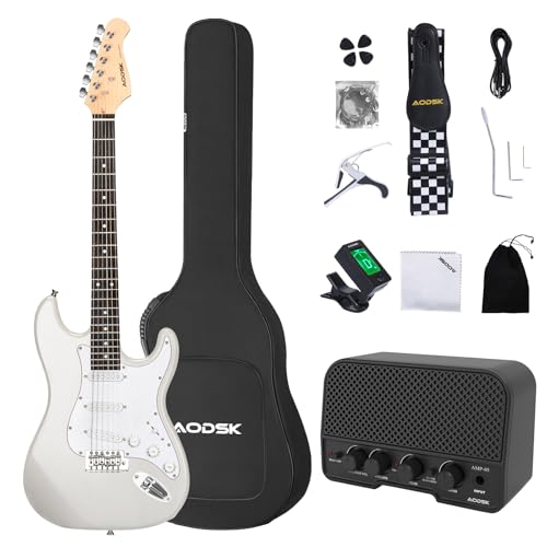 AODSK Electric Guitar with Amp Beginner Kit 39 Inch Solid Body Full Size,All Accessories,Digital Tuner,Six Strings,Four Picks,Tremolo Bar,Strap,Gig Bag,Starter kit (White-SSS)