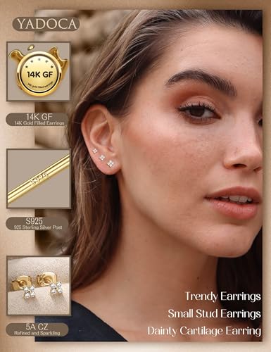 14K Gold Stud Earrings For Women Hypoallergenic - 925 Sterling Silver Small Earrings Stacks For Sensitive Ears Trendy Dainty Cute Cubic Zirconia Heart Flower Cartilage Tragus Earring Sets For Multiple Piercing Jewelry 3Pairs2