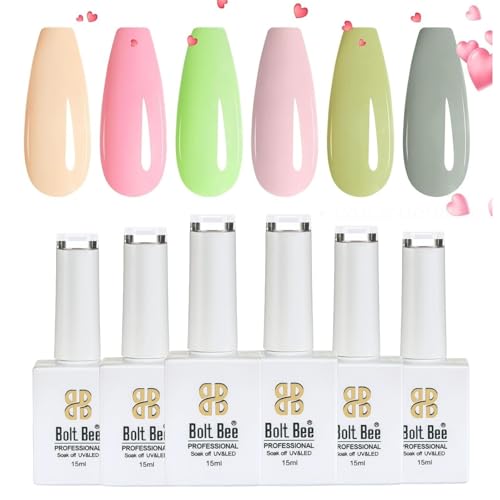 Image of Bolt Bee Gel Polish Kit, 6 Colors Light Soft Sakura White Nude Spring Soak off Nail Art Design Manicure Kit at Home (Light Shades)