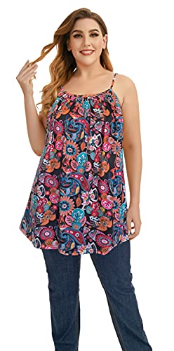 Plus Size Flowy Tank Tops For Women Boho Spaghetti Strap Cami Tunic Tops Loose Fit(Boho Flower,2X) #TOP1