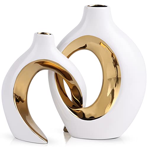 XIAOMAGG Keramik Vase，2er Set Hohle Weiße Moderne Vasen für Nordisches, Vasen Deko, ästhetische Boho Blumenvase für Zuhause, Wohnzimmer, Büro, Bauernhaus, Couchtisch Dekoration (Weißes Gold)