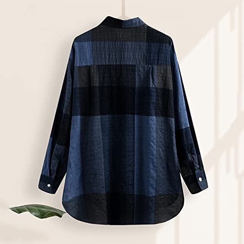 Camisa feminina de algodão e linho, abotoada, 2024, casual, manga comprida, xadrez, blusas soltas co