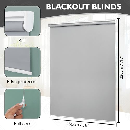 Image of ABOUT SPACE Window Blinds - 7 x 5 ft Cordless Blackout Roller Blinds for Privacy, UV Protection | 100% Blackout Roll Up Curtain Window Shades for Home, Office, Living Room, Bedroom- Light Grey