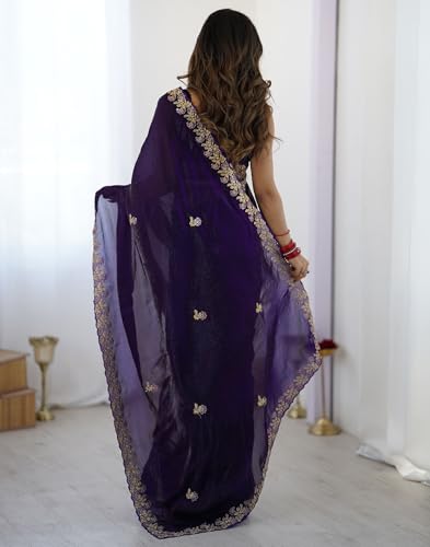 Image of SIRIL Women's Tissue Silk Sequence Embroidery Saree with Unstitched Blouse Piece