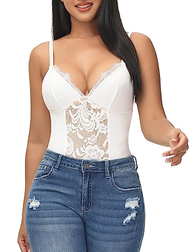 Lace Shapewear Bodysuit Tummy Control Women's Shapewear Bodysuits Sexy V Neck Slimming Thong Lace Bodysuit For Women White Us 2Xl #TOP29