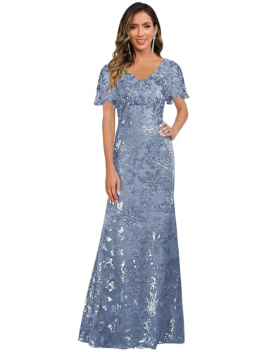 TORYEMY Sequin Mother of The Bride Dresses for Women V Neck Long Lace Formal Evening Dress with Short Sleeves